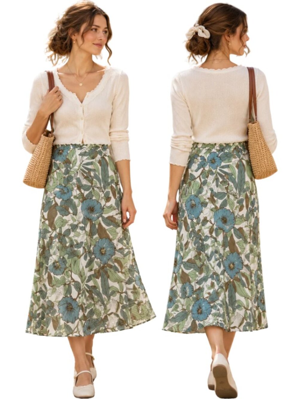 Vintage Eddie Bauer 100% Cotton Floral A-Line Midi Skirt Women's Small Fairy 90s